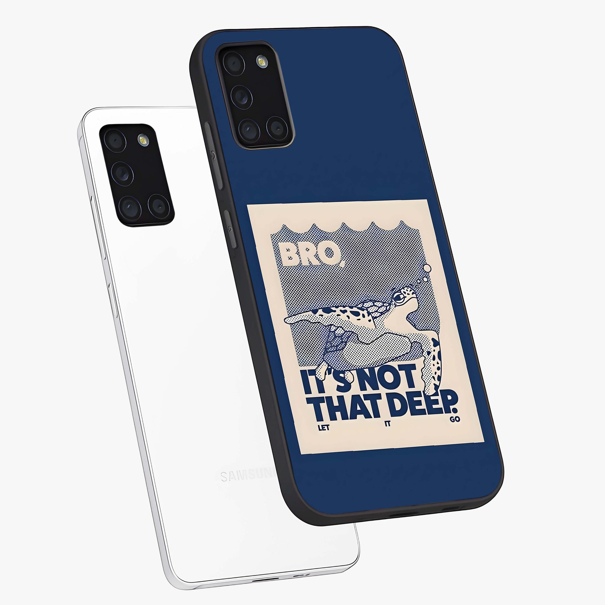 Worry Less Swim Glass Case displayed in angled mockup highlighting fun typography design with relaxed aesthetic style.