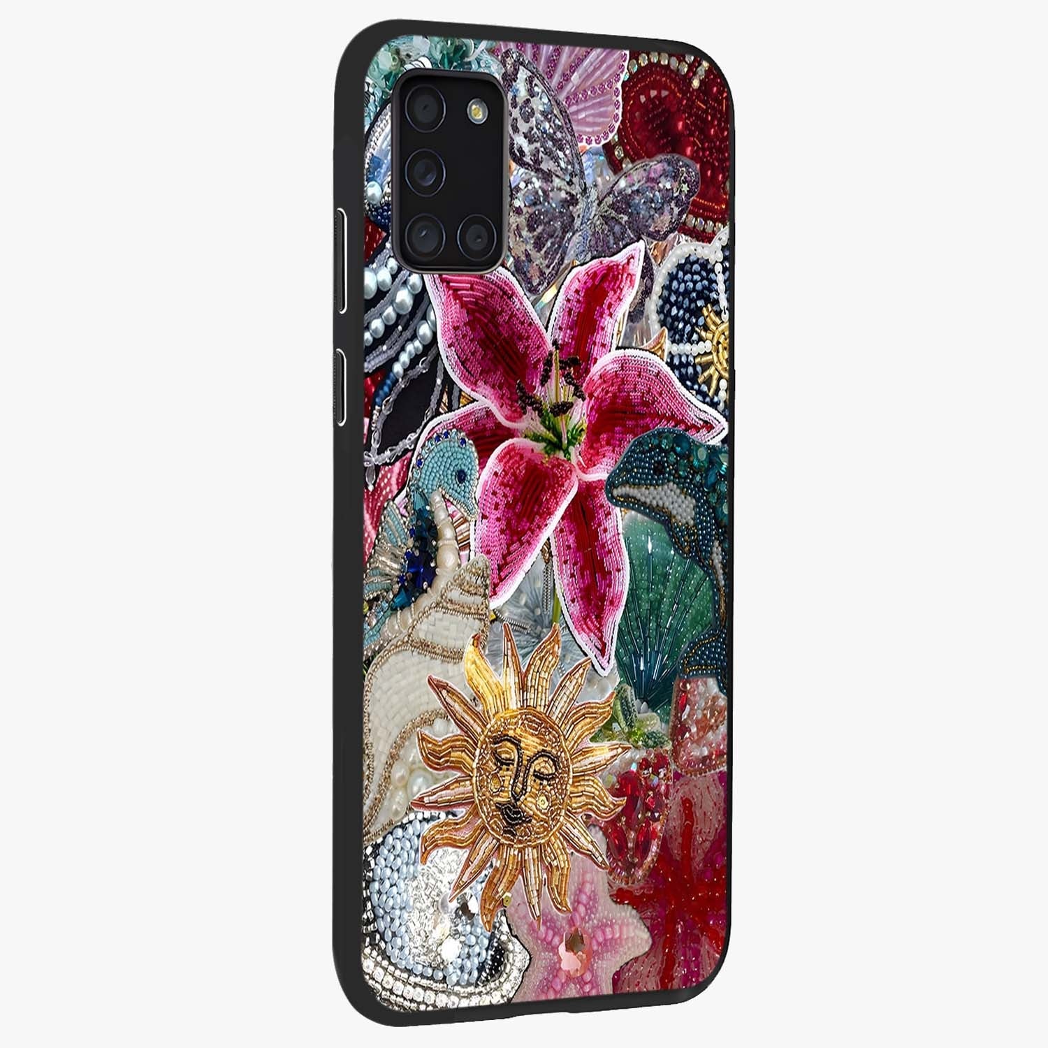 Beaded Garden Fantasy Glass Case upright view showcasing whimsical garden aesthetic with artistic bead details.
