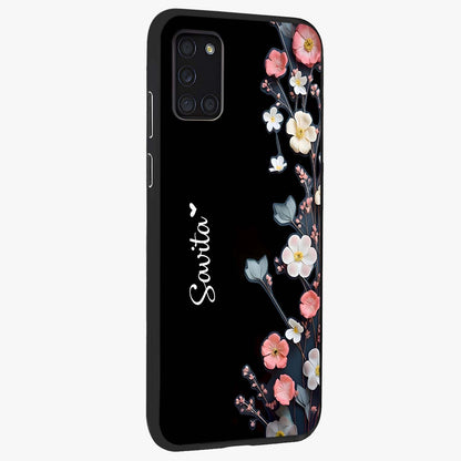 Black Elegance Floral Custom Name Glass Case upright view showcasing luxurious black floral design with personalized name detail.