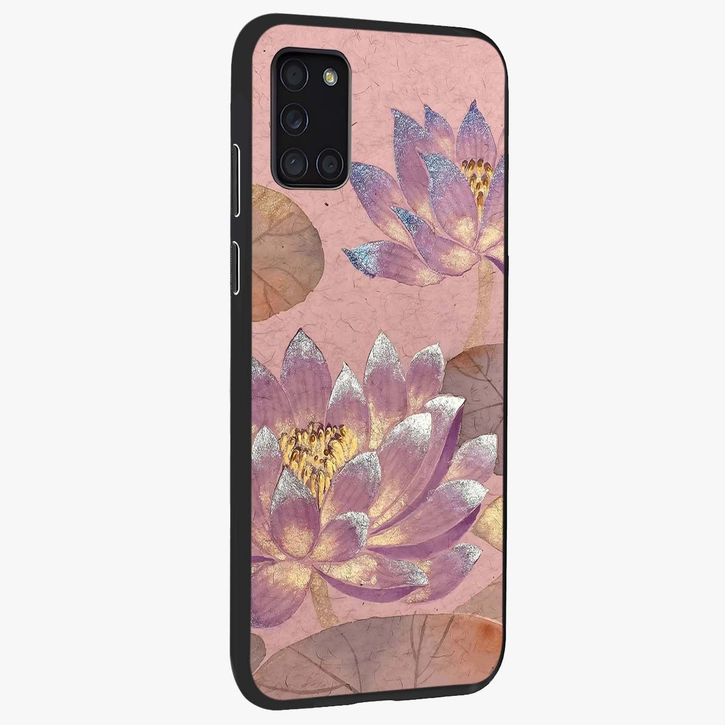 Blossom Mist Lotus Glass Case upright view showcasing graceful lotus flower design with peaceful botanical style.
