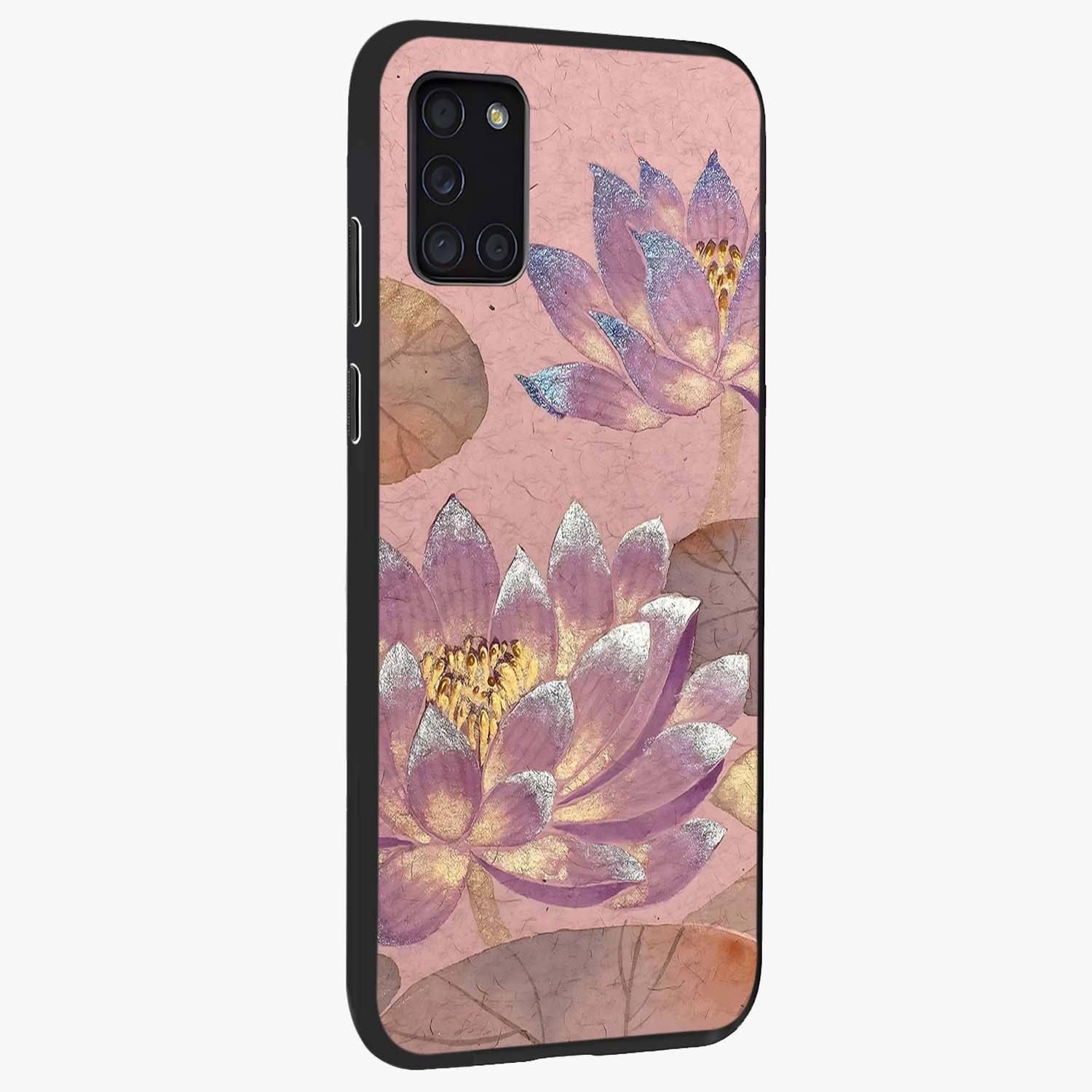Blossom Mist Lotus Glass Case upright view showcasing graceful lotus flower design with peaceful botanical style.
