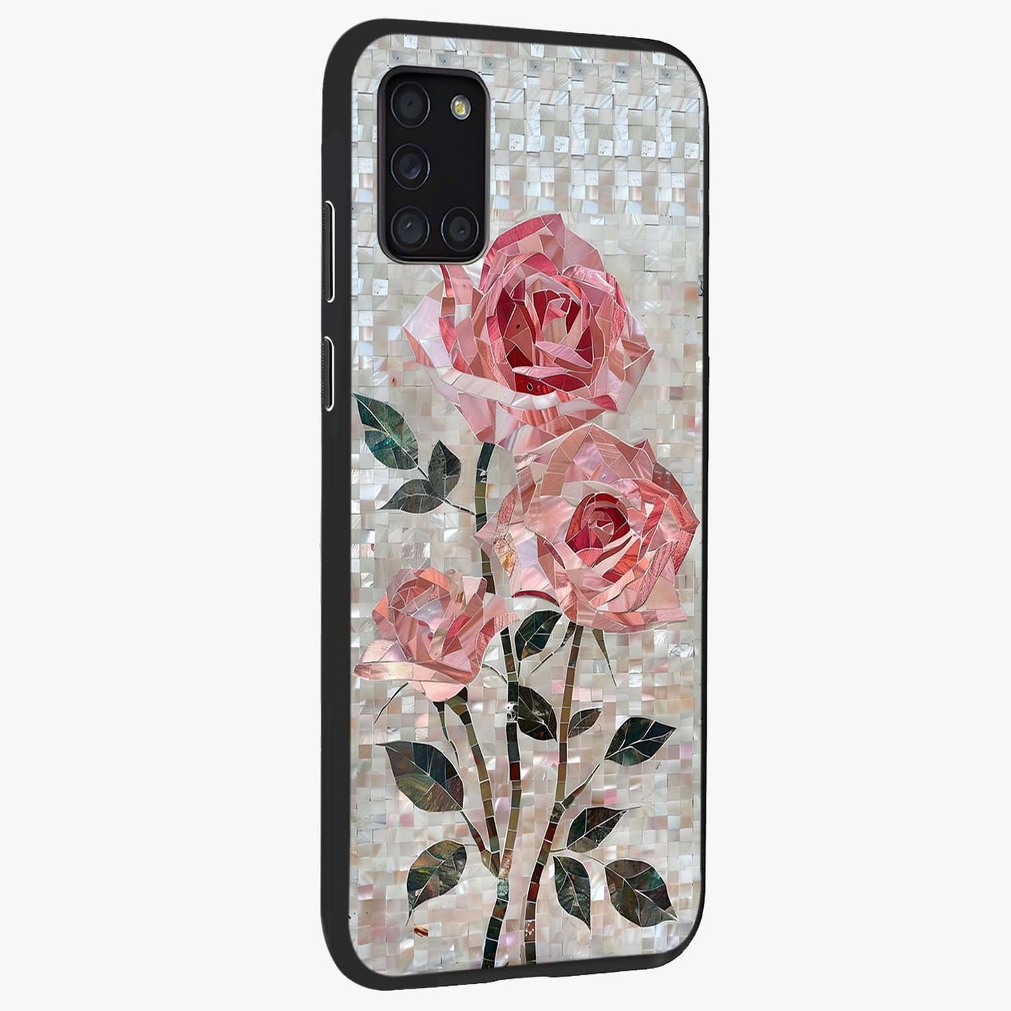 Blush Mosaic Bloom Glass Case upright view showcasing decorative floral mosaic artwork with stylish modern aesthetic.