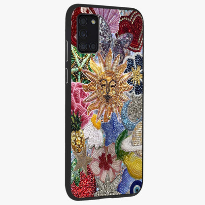 Celestial Floral and Playful Glass Case upright view showcasing whimsical floral artwork with cosmic aesthetic theme.