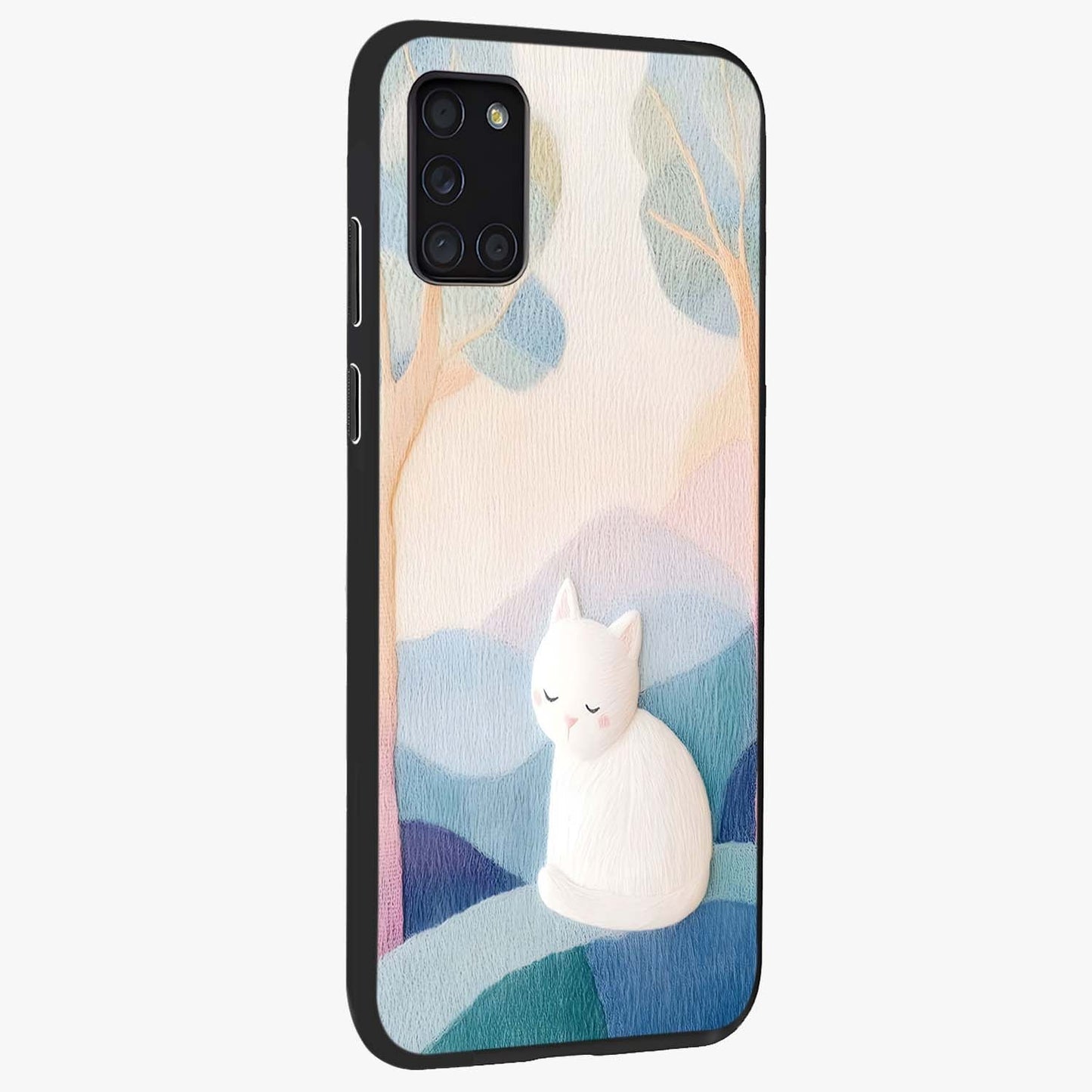 Cotton Dream Cat Glass Case upright view showcasing charming cat artwork with cozy dreamy theme.