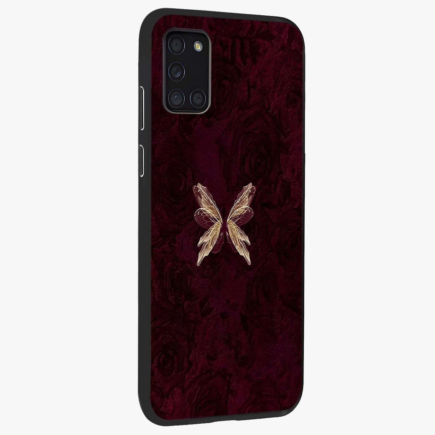 Crimson Fade Butterfly Glass Case upright view showcasing graceful butterfly artwork with soft crimson fade effect.