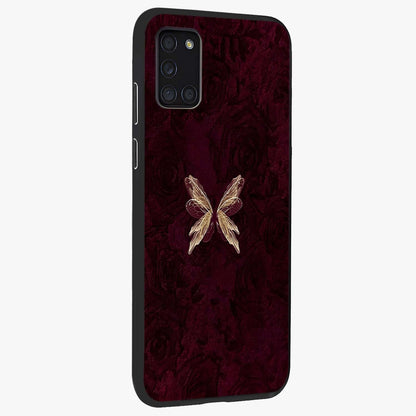 Crimson Fade Butterfly Glass Case upright view showcasing graceful butterfly artwork with soft crimson fade effect.