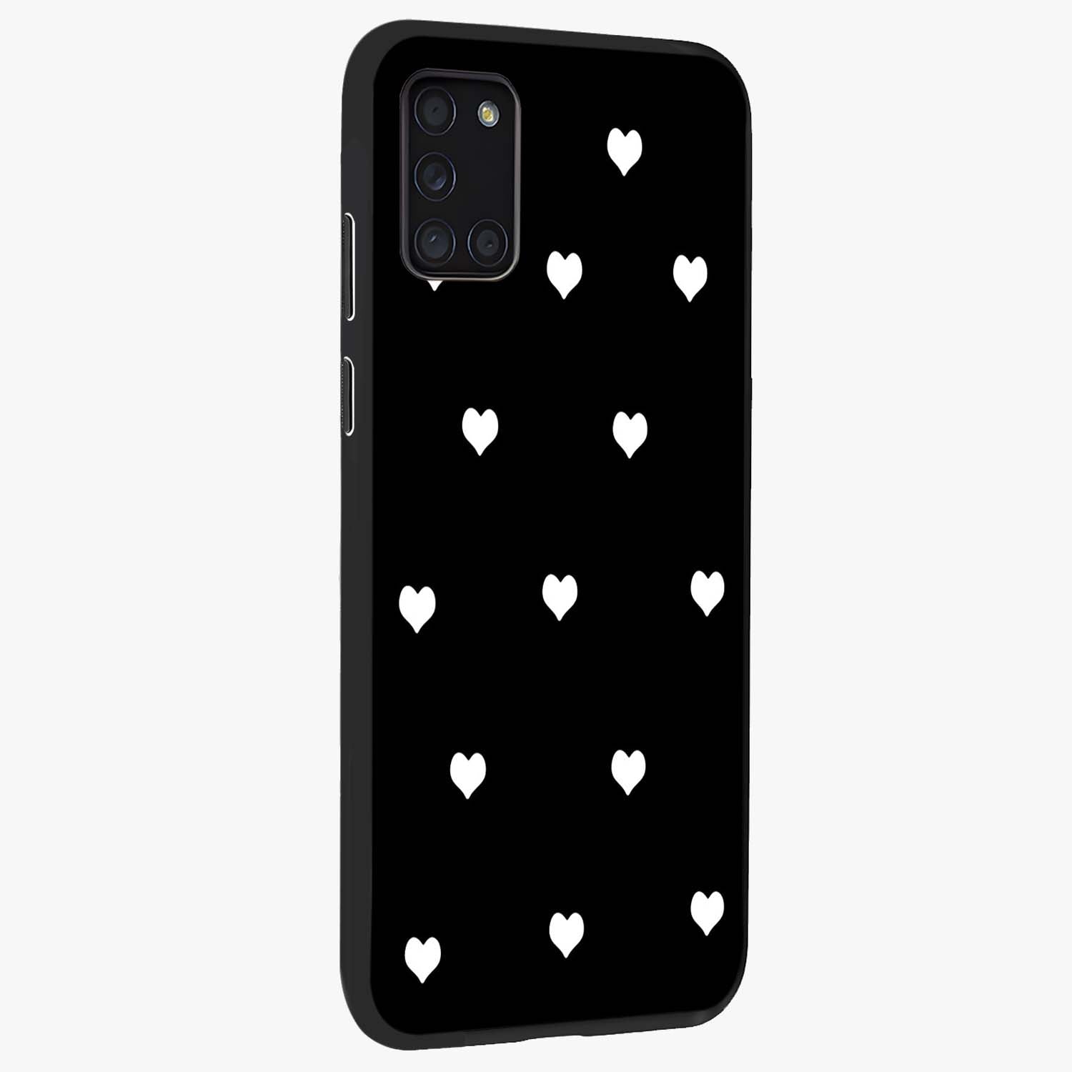 Cute And Simple White Hearts Glass Case upright view showcasing simple white hearts artwork with soft minimal theme.