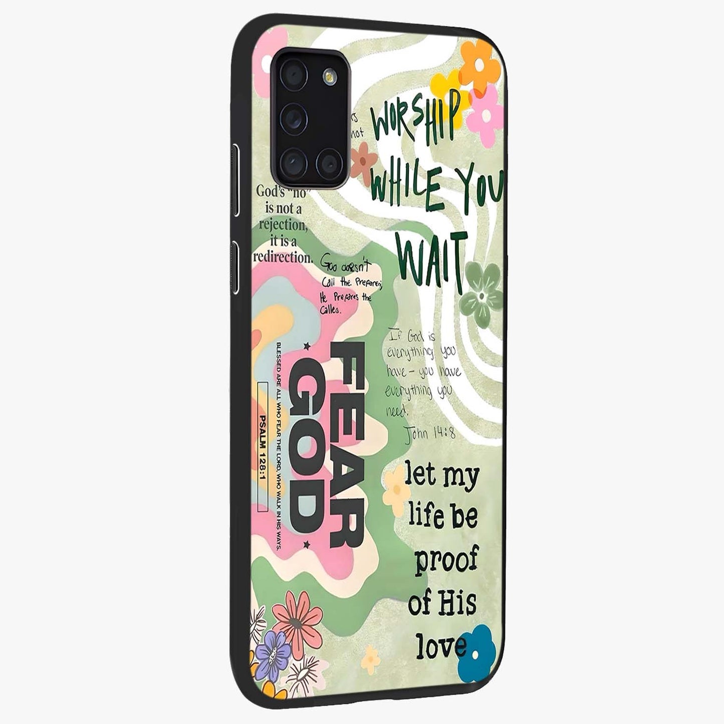 Faith Over Fear Glass Case upright view showcasing bold typography artwork with uplifting motivational theme.