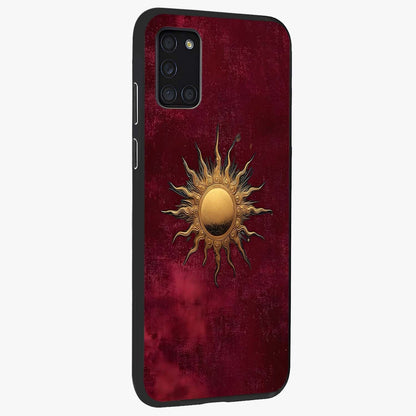 Golden Sun Minimalism Glass Case upright view showcasing simple golden sun artwork with elegant minimalist style.