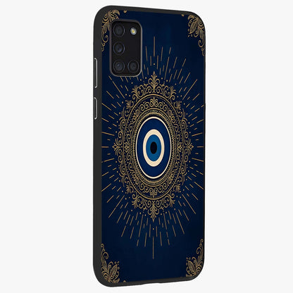 Golden Celestial Charm Glass Case upright view showcasing radiant celestial artwork with elegant golden theme.