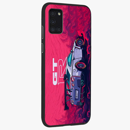 GT-R Car Pattern Glass Case upright view showcasing dynamic car pattern artwork with modern sports theme.
