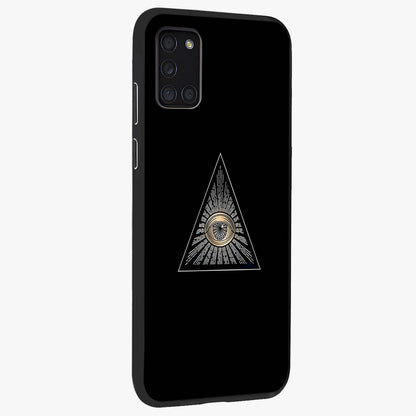 Illuminati Evil Glass Case upright view showcasing striking illuminati artwork with mysterious symbolic theme.