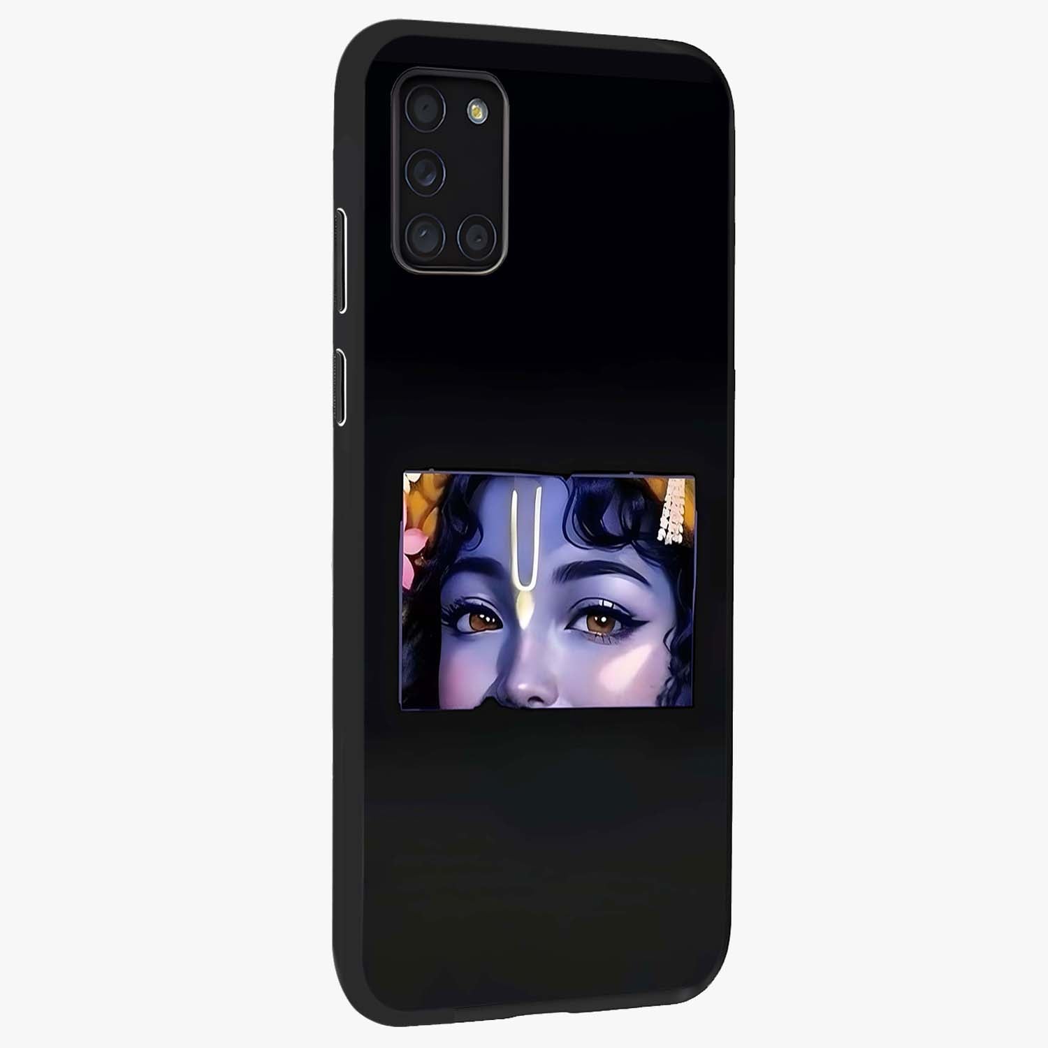 Krishna Divine Embrace Glass Case upright view showcasing sacred Krishna artwork with peaceful devotional theme.