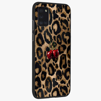 Leopard Wild Cherry Glass Case upright view showcasing stylish leopard pattern artwork with trendy fashion theme.