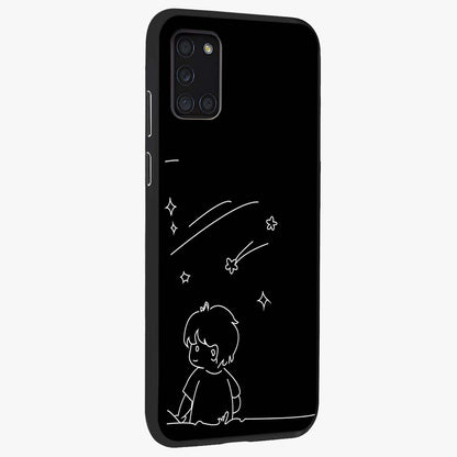 Line Art Boy With Shooting Stars Glass Case upright view showcasing artistic shooting star illustration with minimal style.