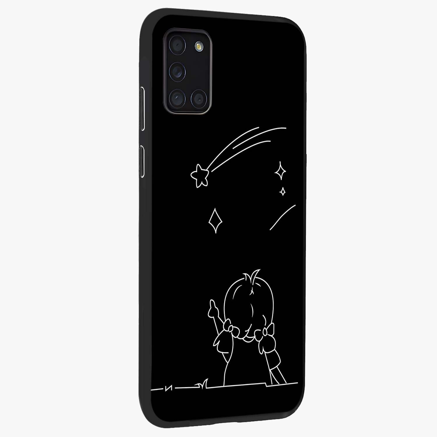 Line Art Girl With Shooting Stars Glass Case upright view showcasing delicate shooting stars artwork with minimal artistic theme.
