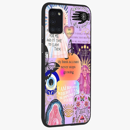 Manifestation Collage Glass Case upright view showcasing artistic manifestation themed artwork with creative style.