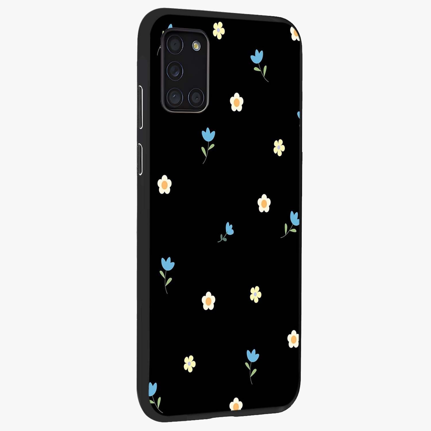 Minimal Petal Whispers Glass Case upright view showcasing elegant floral artwork with modern minimalist style.
