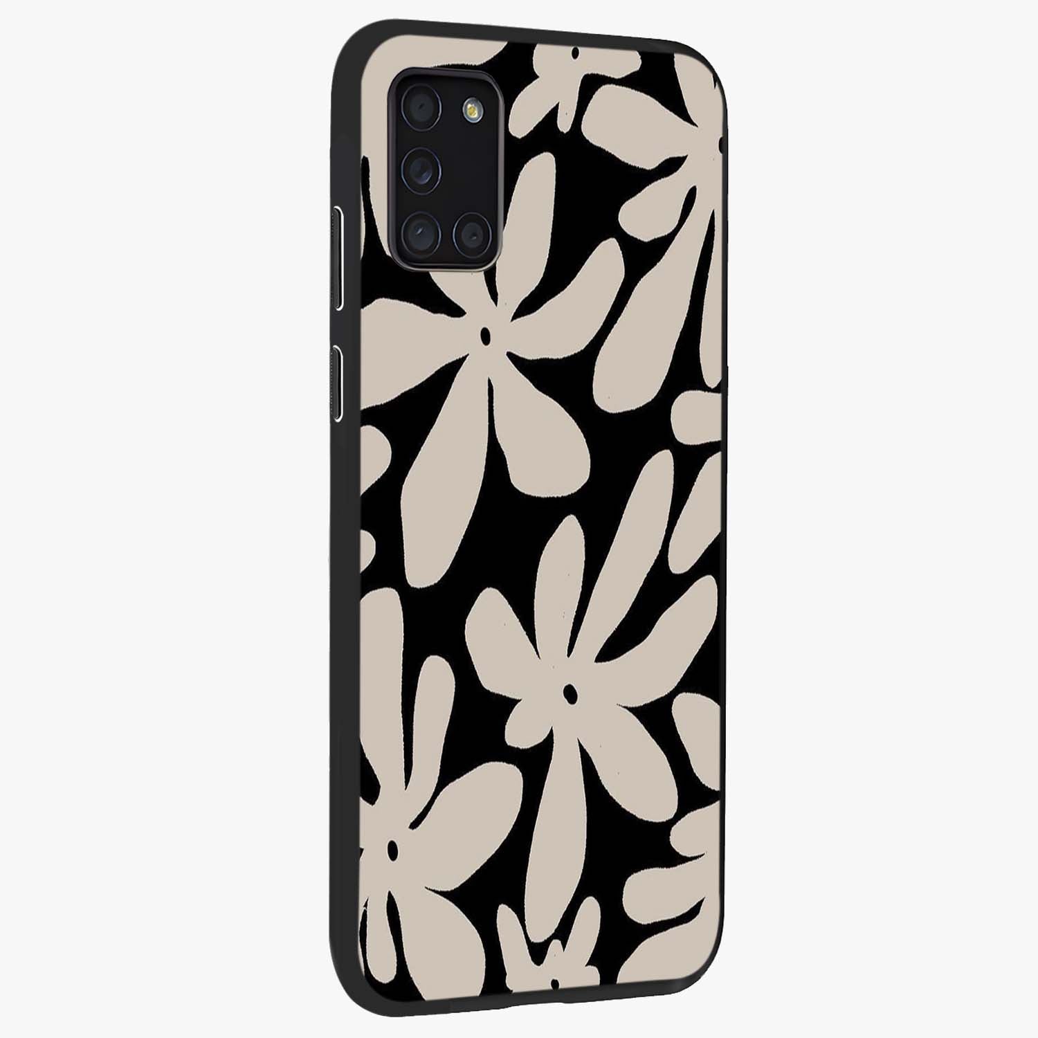 Monochrome Petal Dance Glass Case upright view showcasing artistic floral pattern with stylish monochrome theme.