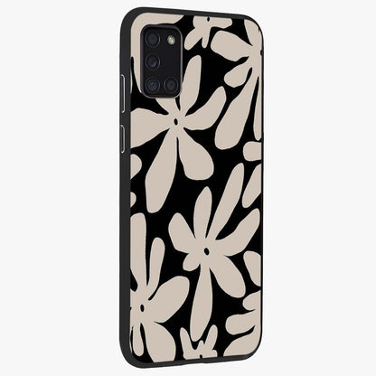 Monochrome Petal Dance Glass Case upright view showcasing artistic floral pattern with stylish monochrome theme.