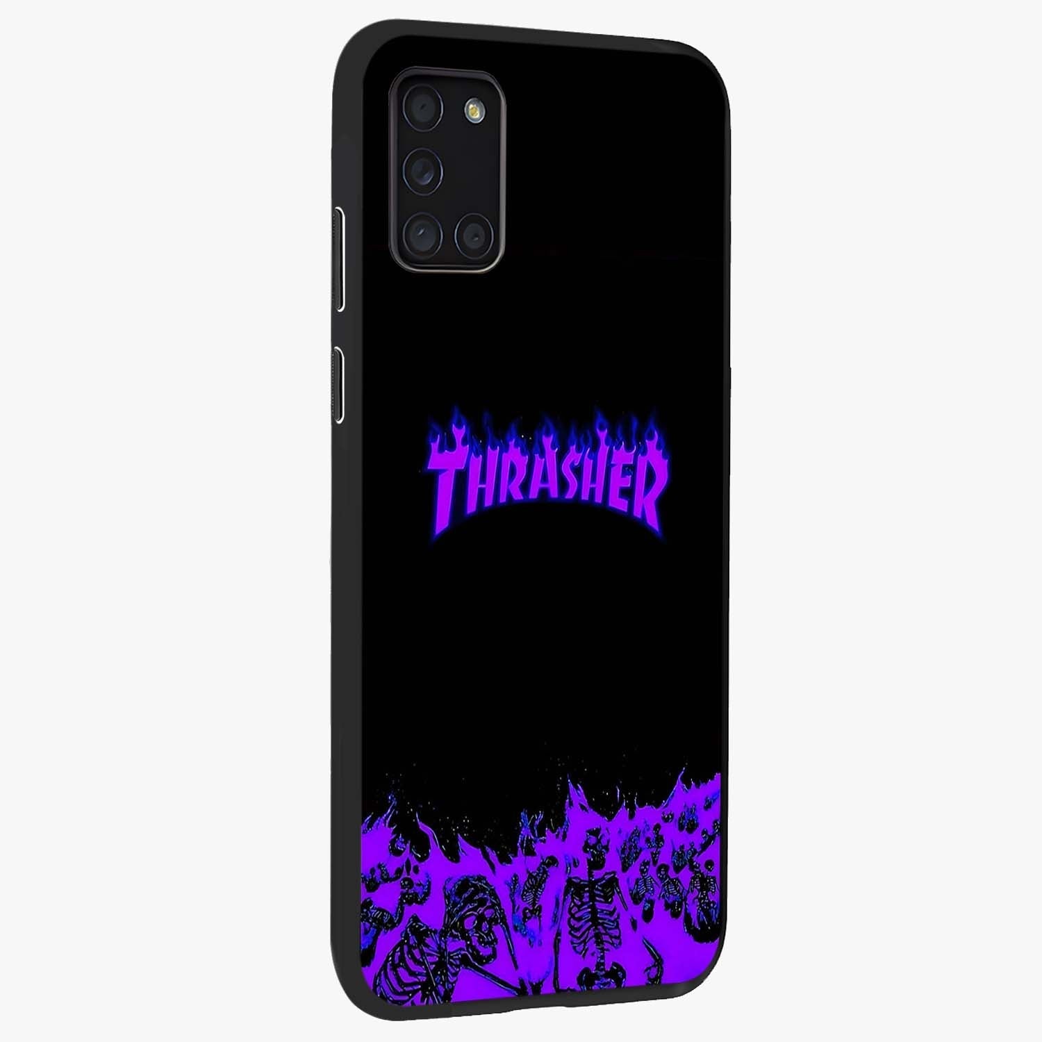 Neon Flame Riot Glass Case upright view showcasing dynamic flame artwork with energetic neon theme.