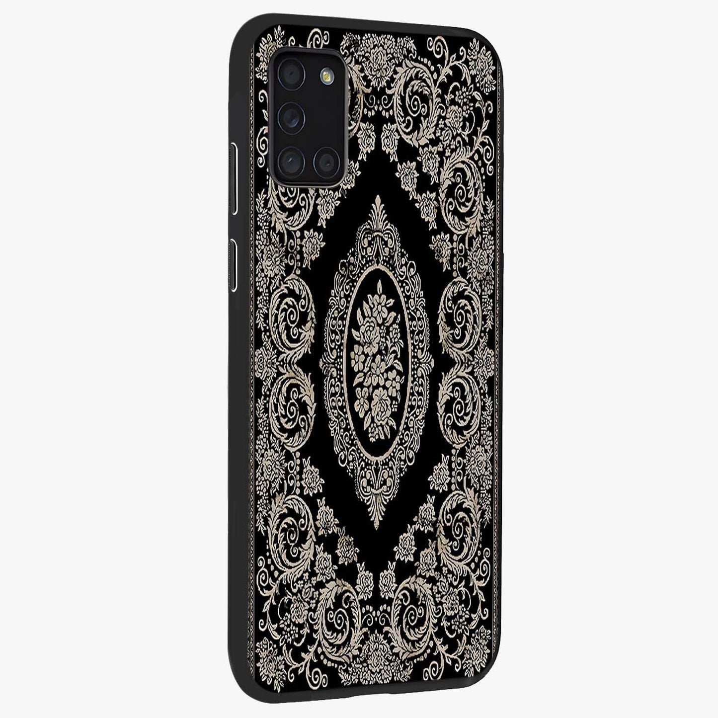 Noir Bloom Elegance Glass Case upright view showcasing graceful floral artwork with luxurious dark theme.