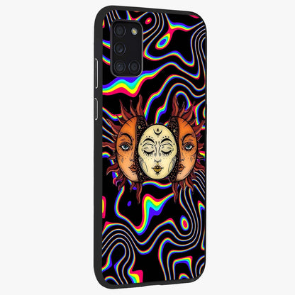 Psychedelic Sun Glass Case upright view showcasing trippy sun artwork with bold psychedelic theme.