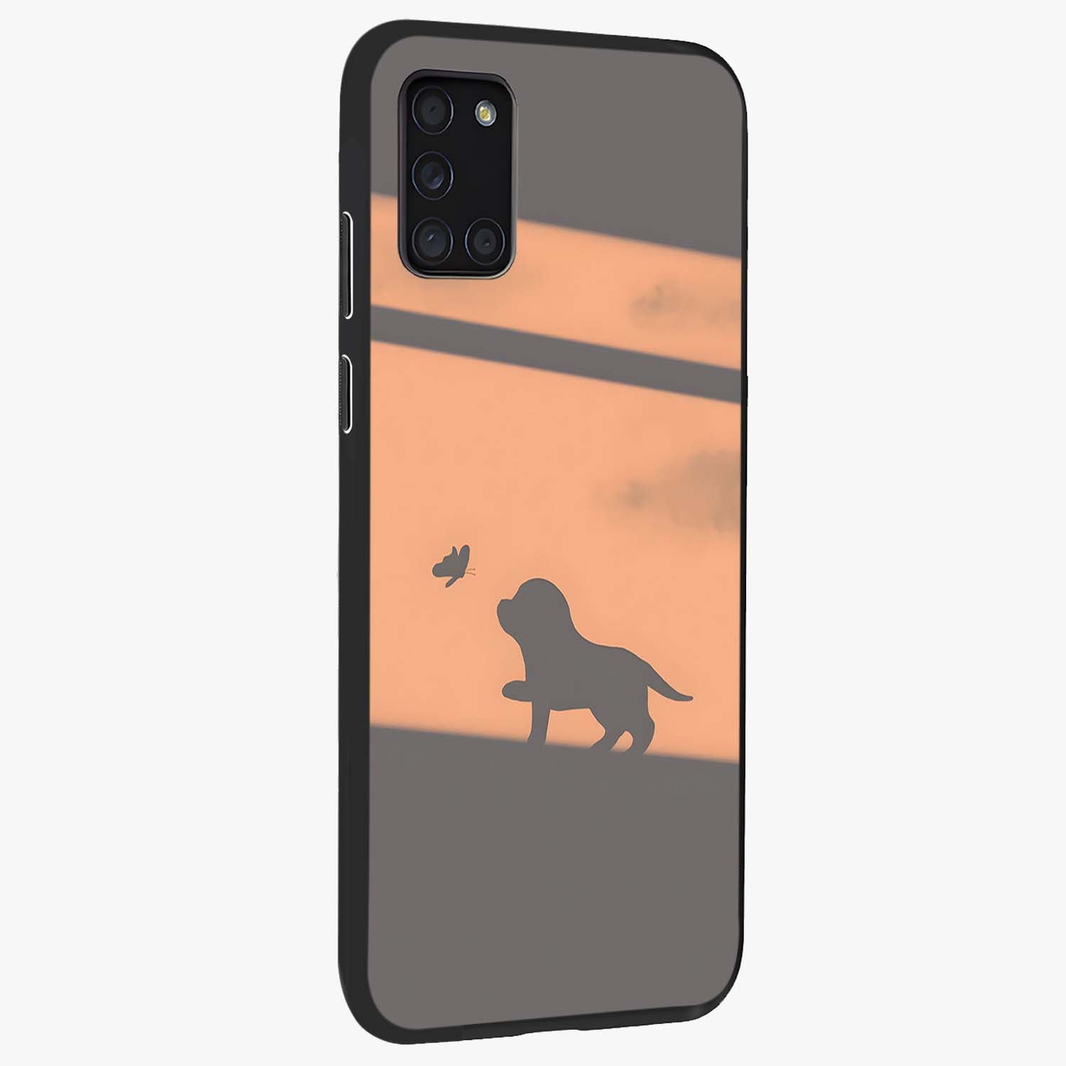 Puppy Shadow Art Glass Case upright view showcasing charming puppy artwork with creative silhouette theme.