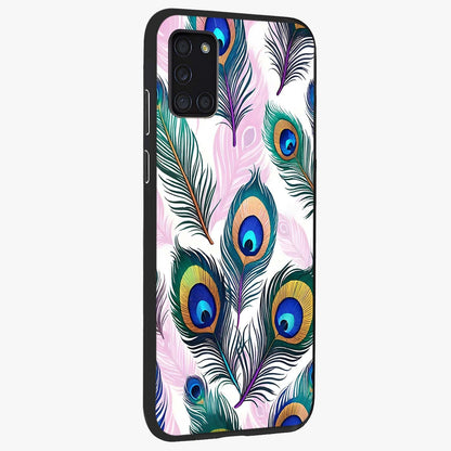 Royal Peacock Feathers Glass Case upright view showcasing elegant peacock feather artwork with decorative royal theme.