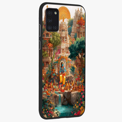 Sacred Sunlight Gods Glass Case upright view showcasing glowing divine artwork with sacred mythological theme.