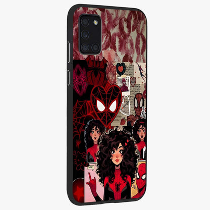 Spider Love Story Glass Case upright view showcasing charming superhero artwork with romantic comic theme.