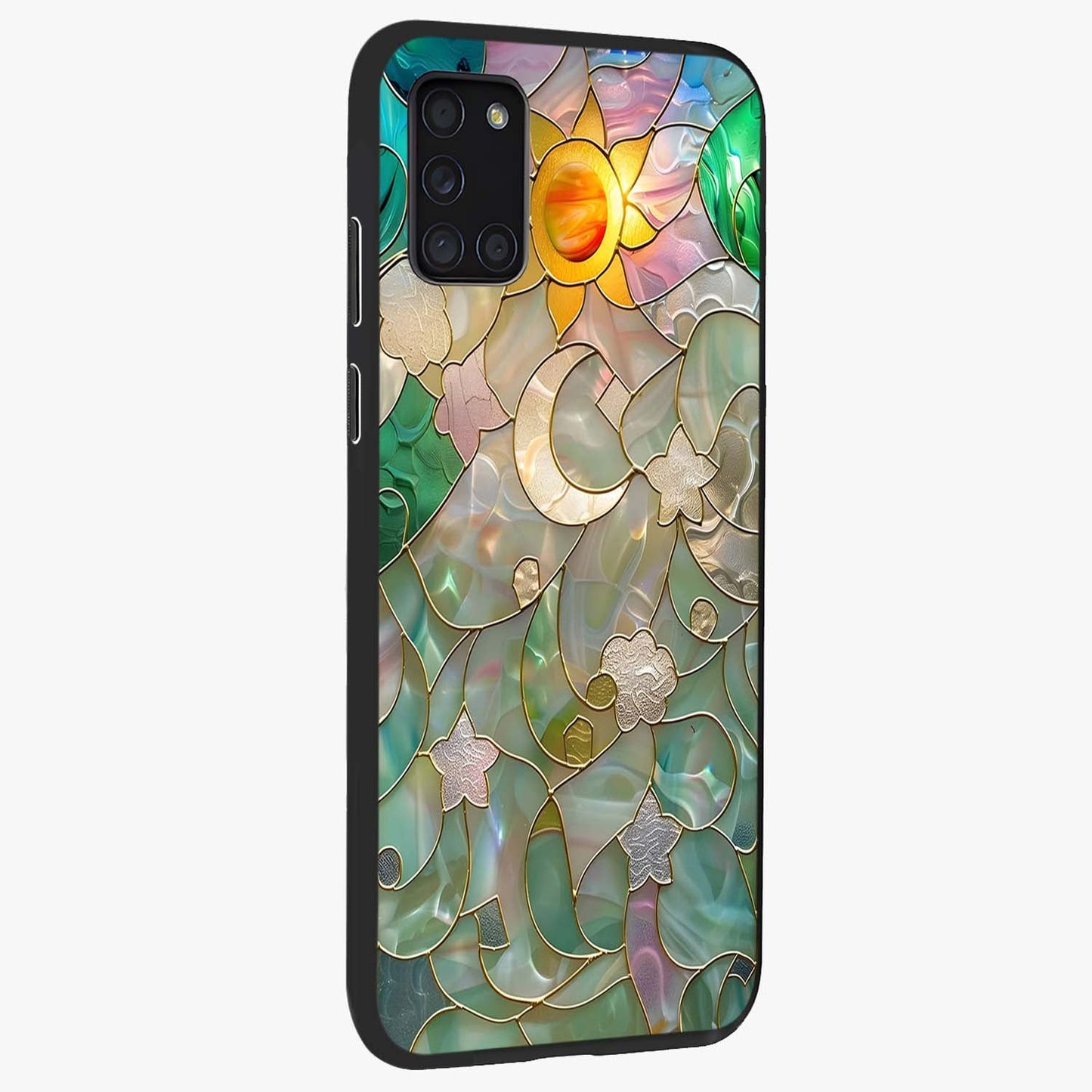 Stained Sunrise Glow Glass Case upright view showcasing colorful sunrise artwork with warm morning theme.
