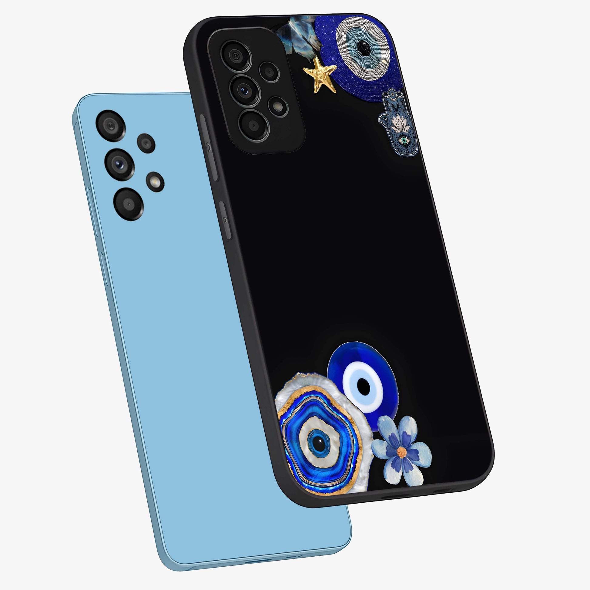 Aesthetic Blue Evil Eye Glass Case displayed in angled mockup highlighting blue evil eye symbol and spiritual aesthetic design.
