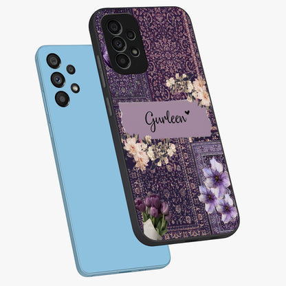 Antique Floral Whisper Custom Name Glass Case displayed in angled mockup highlighting elegant antique floral aesthetic.