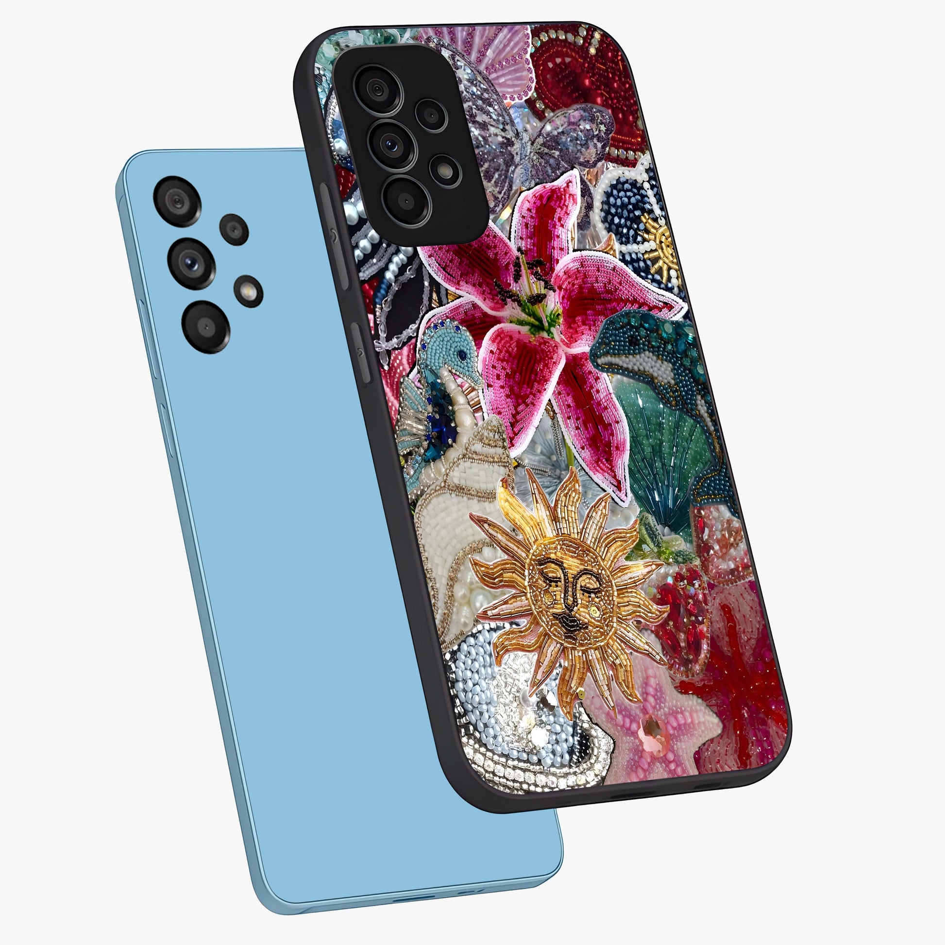 Beaded Garden Fantasy Glass Case displayed in angled mockup highlighting fantasy inspired floral bead pattern.