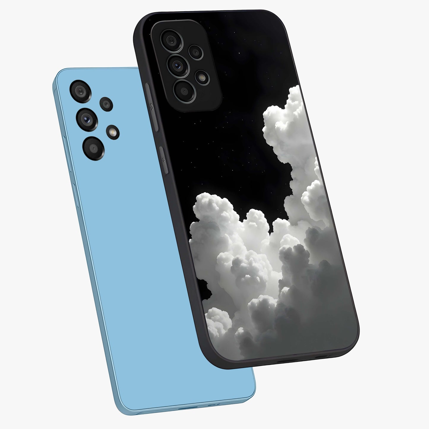 Black Background With White Cloud Glass Case displayed in angled mockup highlighting soft white cloud illustration and minimal design.