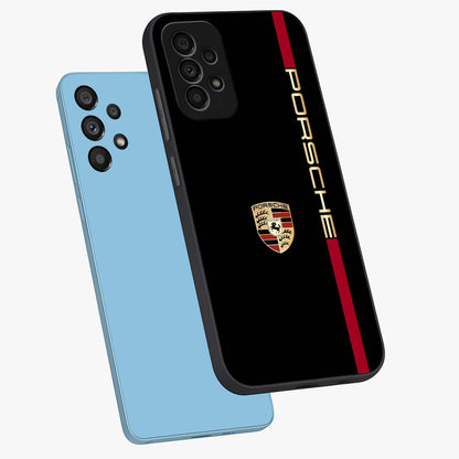 Black Minimal Porsche Glass Case displayed in angled mockup highlighting modern minimal car illustration and clean aesthetic design.