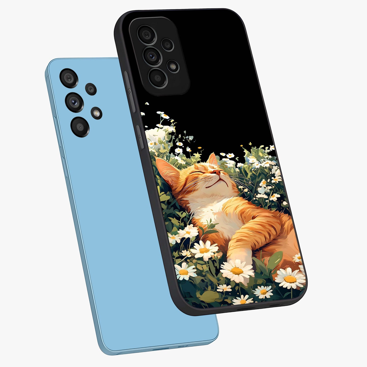Blissful Bloom Cat Glass Case displayed in angled mockup highlighting playful feline illustration with soft floral aesthetic.