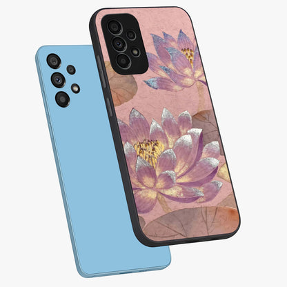 Blossom Mist Lotus Glass Case displayed in angled mockup highlighting delicate lotus illustration with calm aesthetic theme.