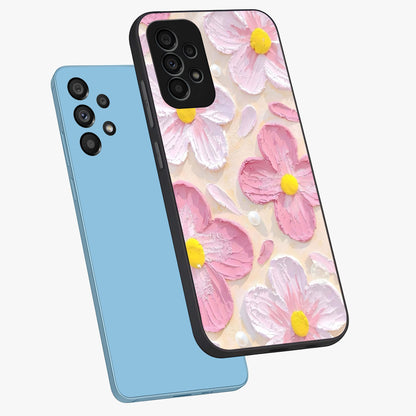 Blush Bloom Texture Glass Case displayed in angled mockup highlighting subtle bloom pattern with aesthetic pastel design.