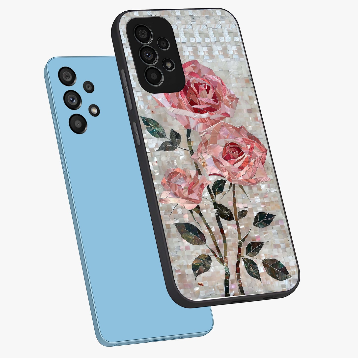 Blush Mosaic Bloom Glass Case displayed in angled mockup highlighting artistic mosaic flower pattern with aesthetic design.