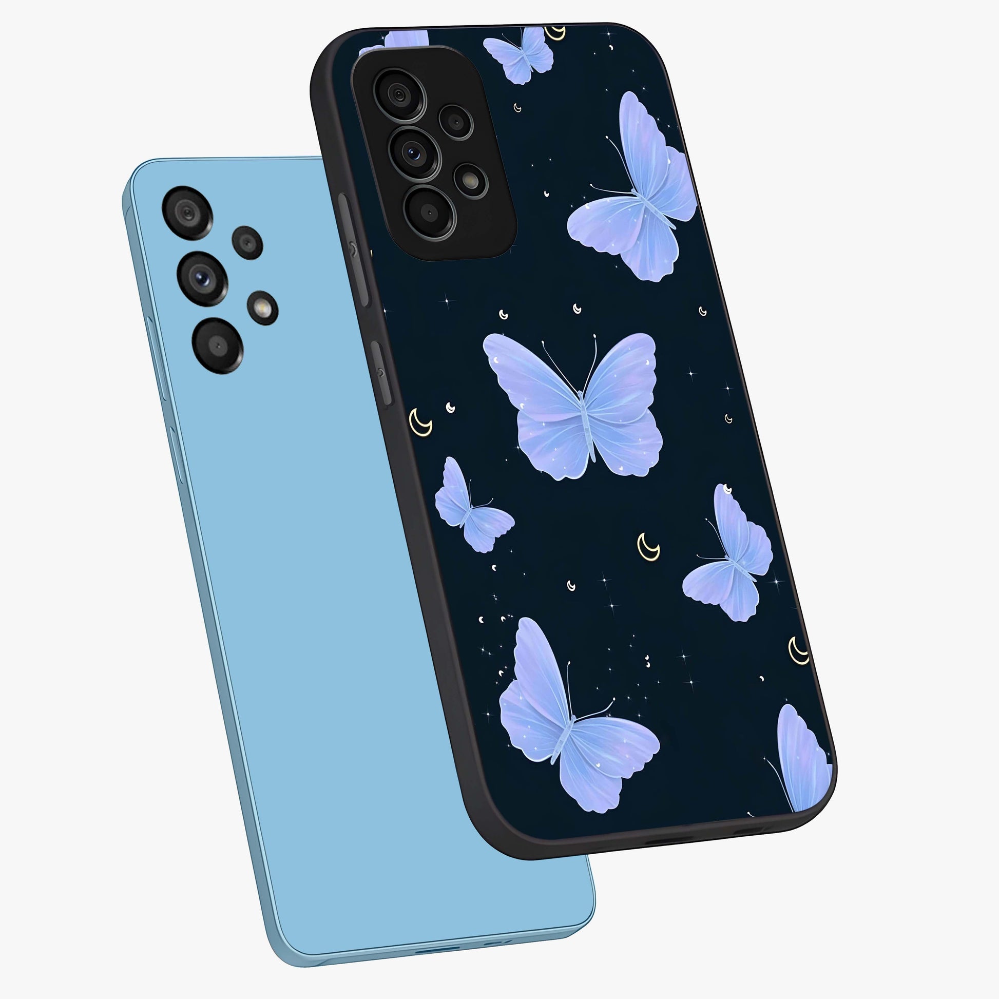 Butterfly With Stars Pattern Glass Case displayed in angled mockup highlighting dreamy butterfly and star design with aesthetic theme.