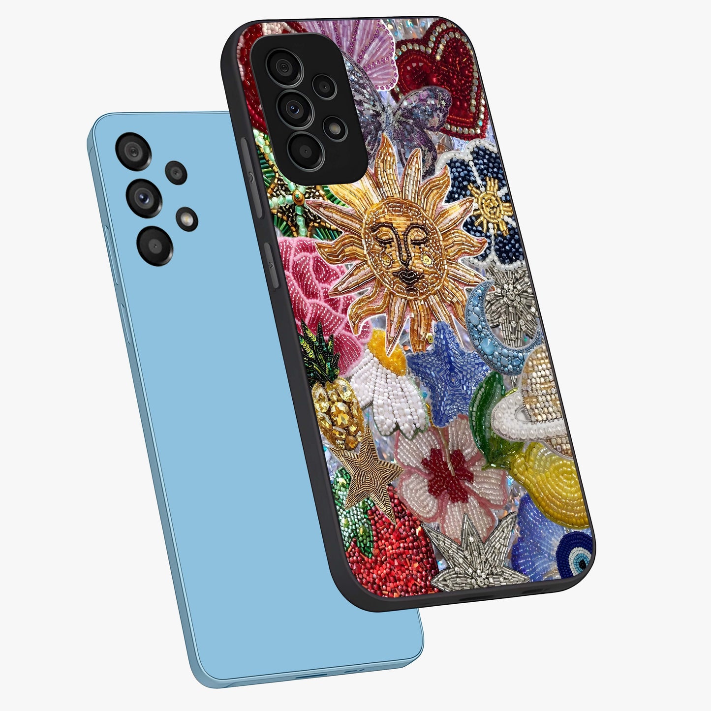 Celestial Floral and Playful Glass Case displayed in angled mockup highlighting playful floral design with dreamy celestial elements.