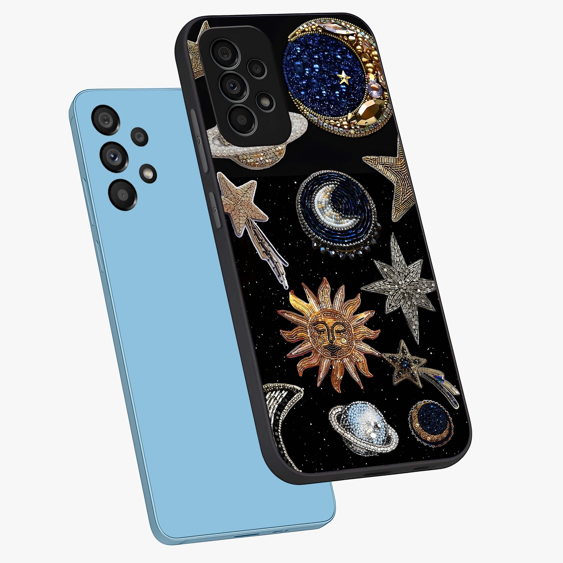 Celestial Gem Constellations Glass Case displayed in angled mockup highlighting gemstone inspired constellation design.