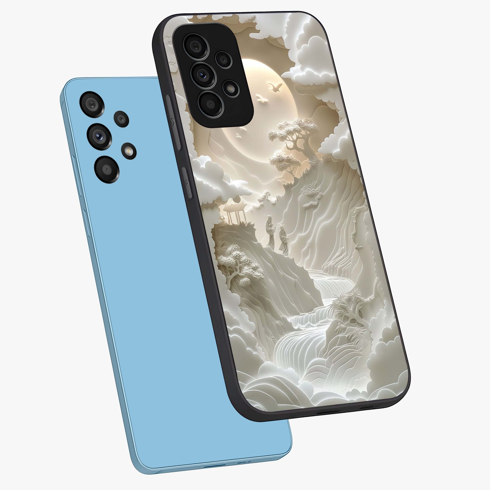 Celestial Origami Glass Case displayed in angled mockup highlighting geometric origami design with cosmic aesthetic theme.