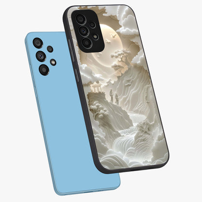 Celestial Origami Glass Case displayed in angled mockup highlighting geometric origami design with cosmic aesthetic theme.