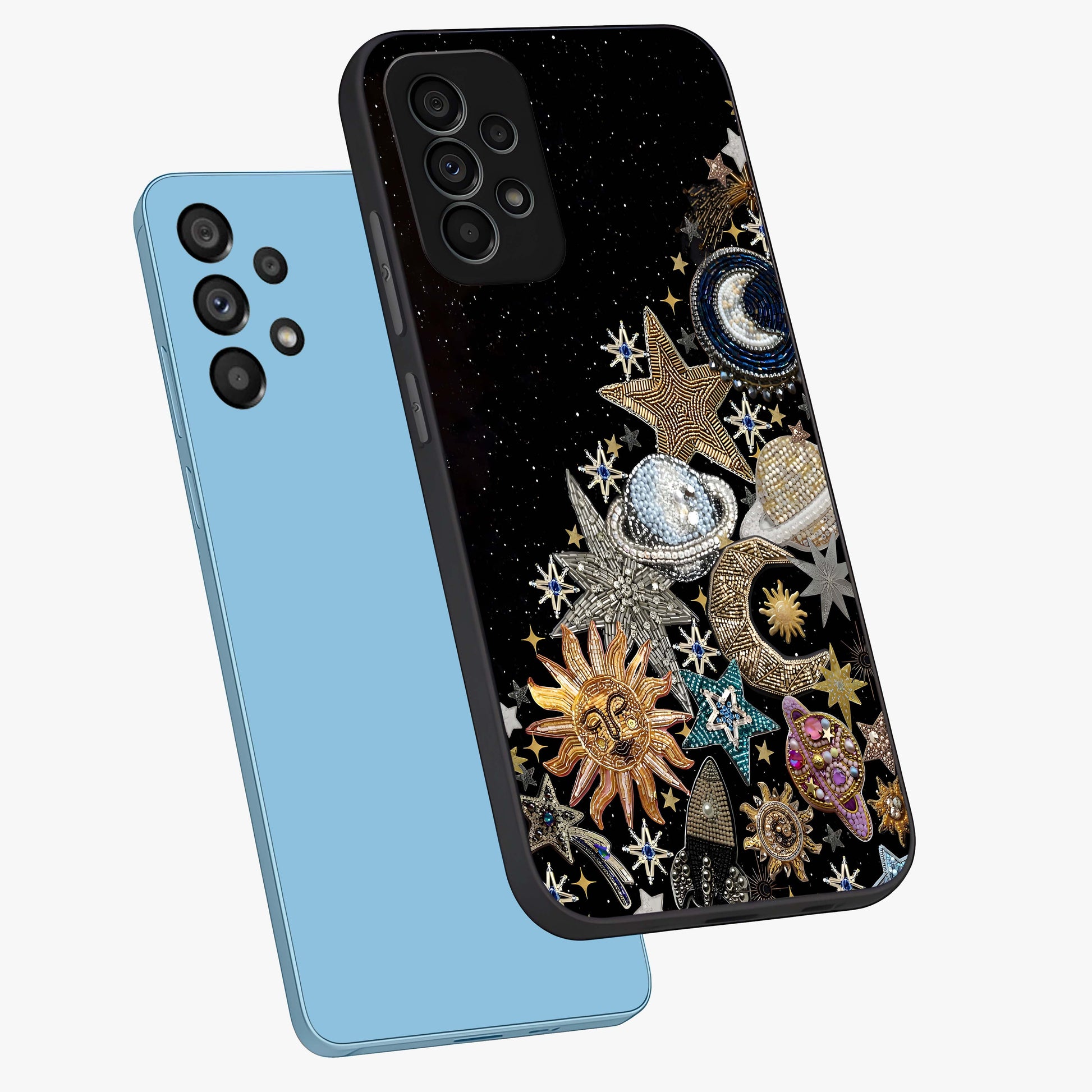Cosmic Sparkle Dreams Glass Case displayed in angled mockup highlighting dreamy star sparkle design with celestial aesthetic.