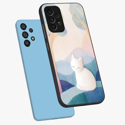 Cotton Dream Cat Glass Case displayed in angled mockup highlighting cute feline illustration with pastel aesthetic style.