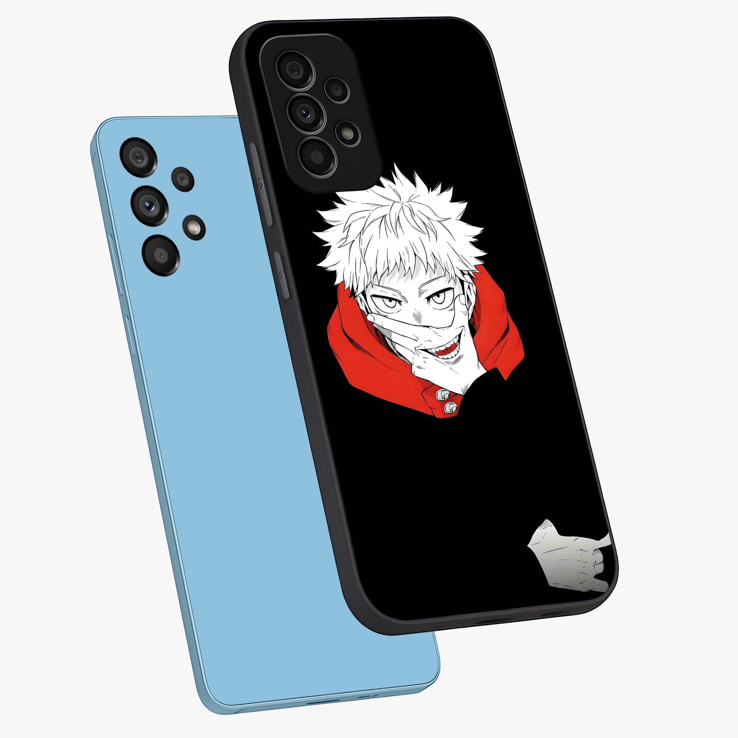 Crimson Chaos Smile Glass Case displayed in angled mockup highlighting edgy crimson smile design with graphic aesthetic.