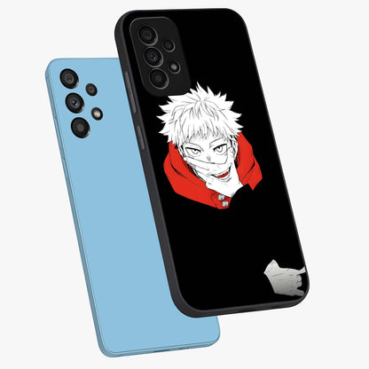 Crimson Chaos Smile Glass Case displayed in angled mockup highlighting edgy crimson smile design with graphic aesthetic.